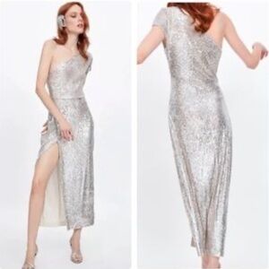 Zara White Silver Sequin Asymmetrical Dress Size Medium
